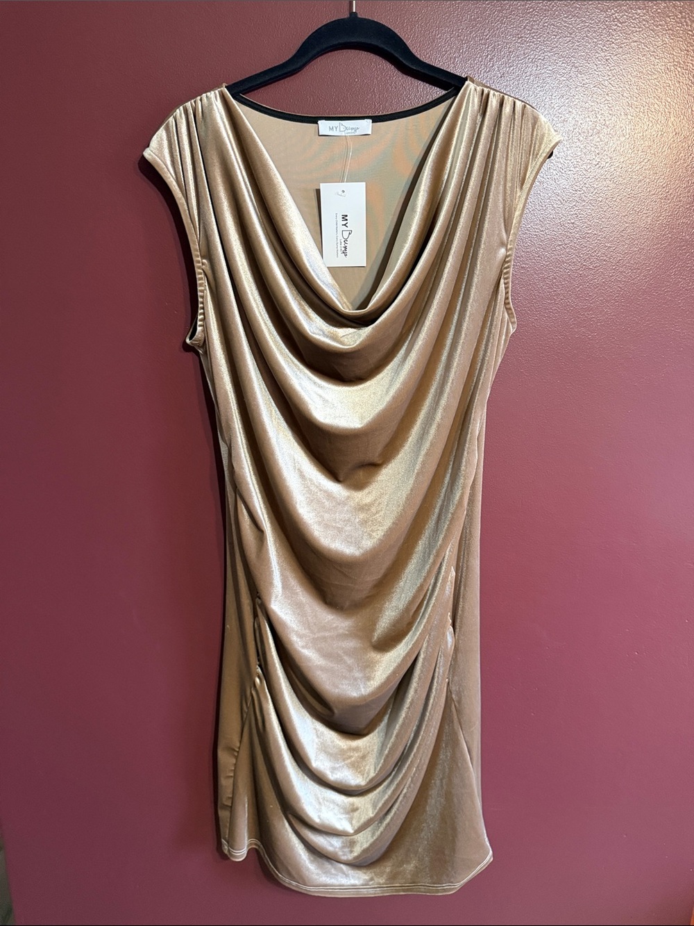 Sleeveless Metallic Gold Drape-Front Dress